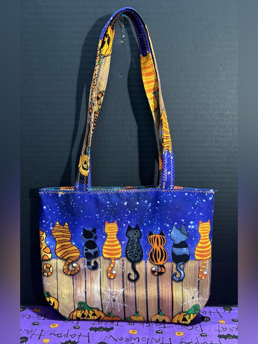 Halloween Cats on the Prowl Pumpkins Handmade Small Tote Bag W/ Handle straps